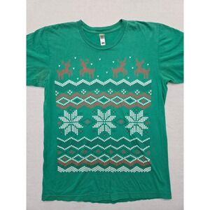 Shirt Woot Christmas T-Shirt Medium Green Reindeer Snowflake Fair Isle